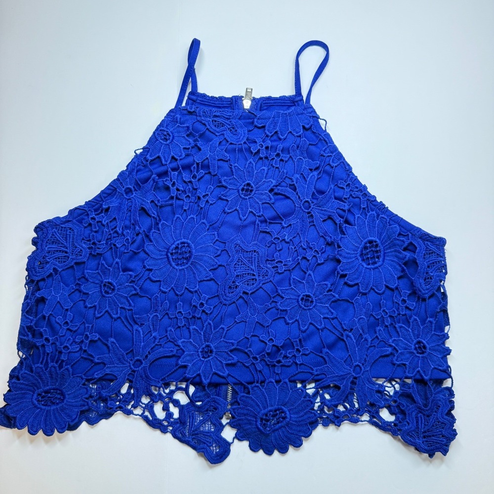 Forever 21 Blue Floral Lace Crop Top Halter Sleeveless Zipper Front‎ Small Boho